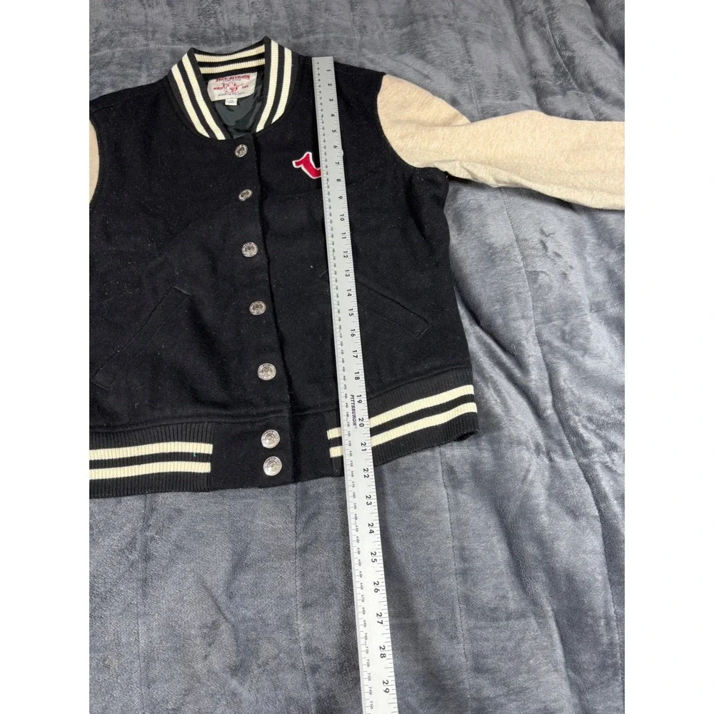 True Religion Kids Varsity Jacket Black‎ Cream Wool Blend Bomber Logo Large L/G